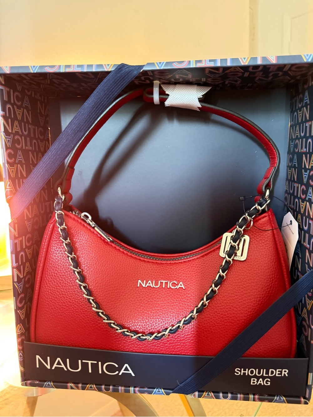 Nautica Red Pebbled Chain-Accent Shoulder Bag